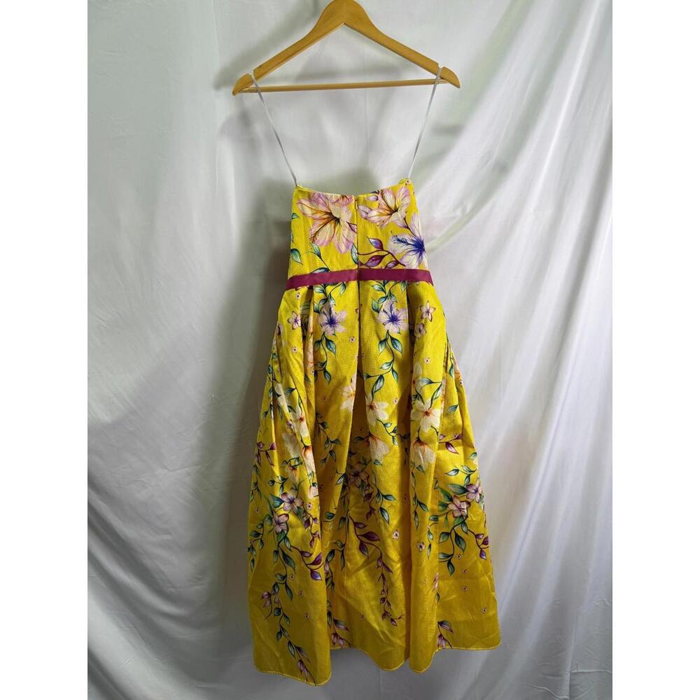 Marchesa Notte Yellow Strapless Floral Tea Dress Size 10 - Picture 4 of 5